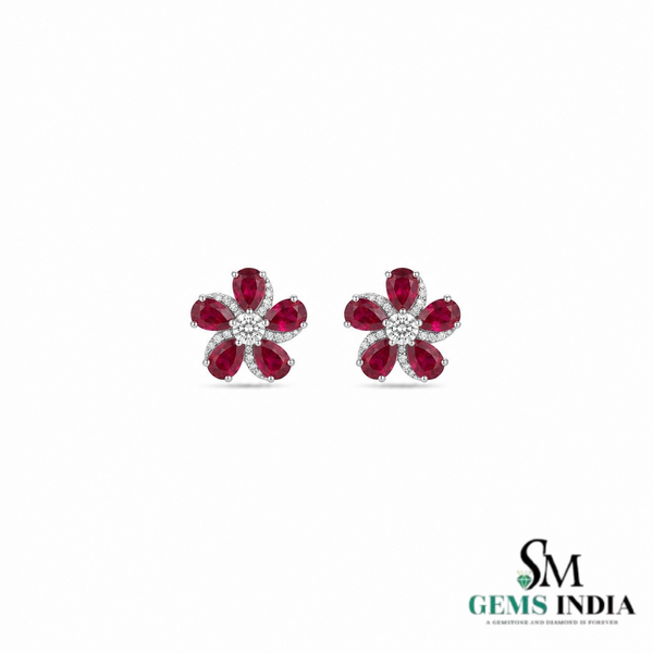 Pear Ruby Flower Stud Earrings with Diamond Accents – Elegant Statement Jewelry