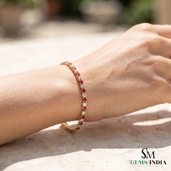 Natural Round Ruby & Diamond Tennis Bracelet - Birthday Gift for Her