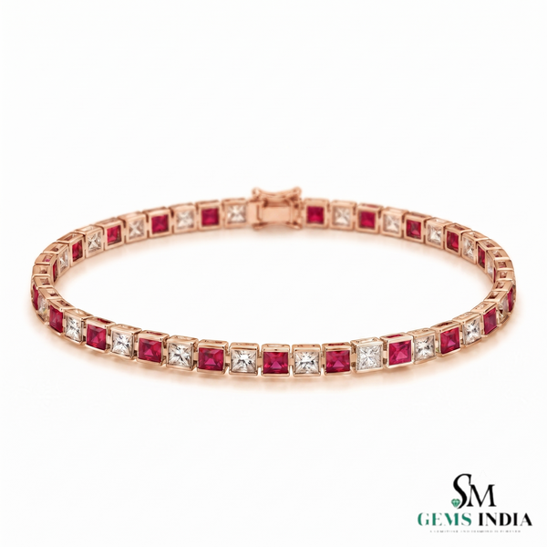 Elegant Princess Cut Ruby & Diamond Tennis Bracelet - Fine Gold Jewelry