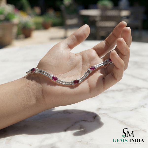 Natural Ruby & Diamond Twisted Rope Link Bracelet in 14K Gold - Anniversary Gift