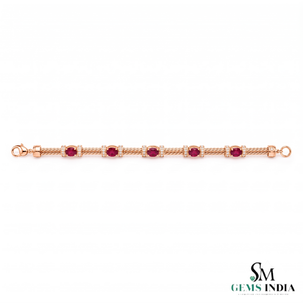 Natural Ruby & Diamond Twisted Rope Link Bracelet in 14K Gold - Anniversary Gift