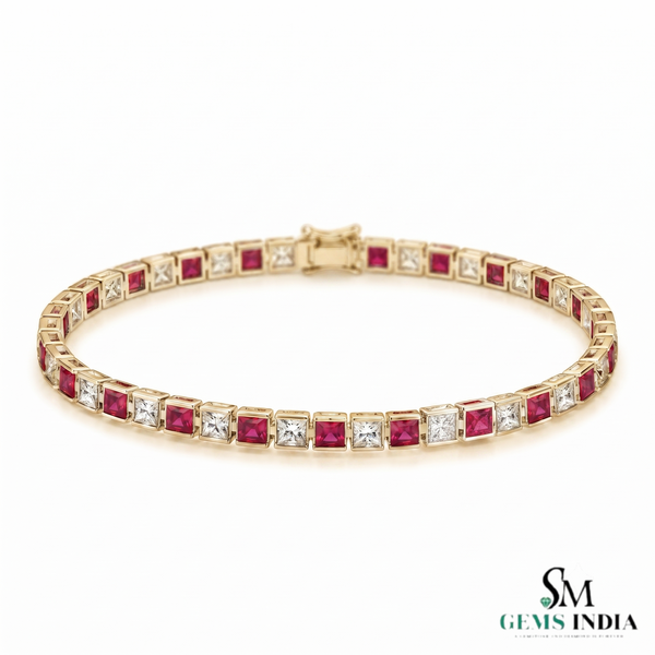 Elegant Princess Cut Ruby & Diamond Tennis Bracelet - Fine Gold Jewelry