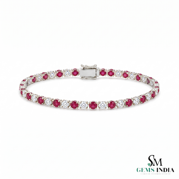 Natural Round Ruby & Diamond Tennis Bracelet - Birthday Gift for Her