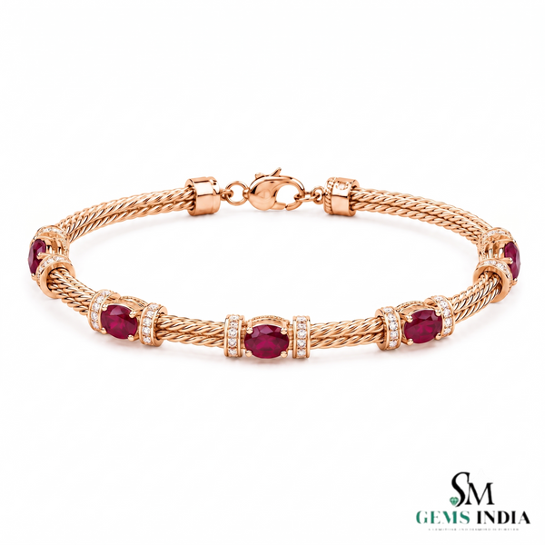 Natural Ruby & Diamond Twisted Rope Link Bracelet in 14K Gold - Anniversary Gift