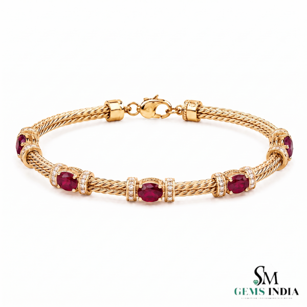Natural Ruby & Diamond Twisted Rope Link Bracelet in 14K Gold - Anniversary Gift