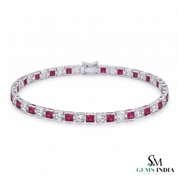 Elegant Princess Cut Ruby & Diamond Tennis Bracelet - Fine Gold Jewelry