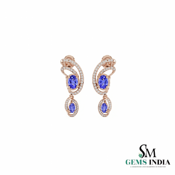 Natural Oval Tanzanite & Diamond Dangle Earrings – Elegant Vintage Drop Earrings