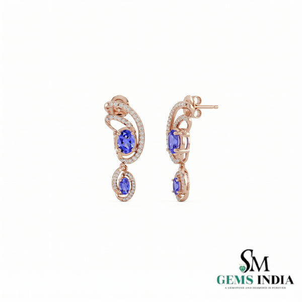 Natural Oval Tanzanite & Diamond Dangle Earrings – Elegant Vintage Drop Earrings