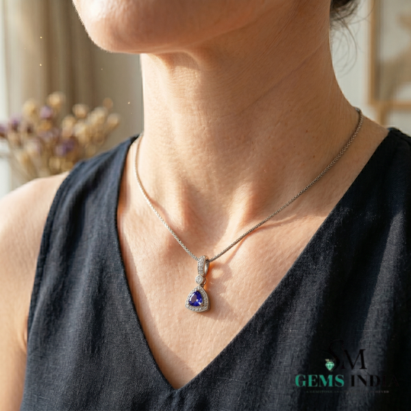 Natural Trillion Tanzanite Diamond Halo Pendant - Fine Jewelry Gift