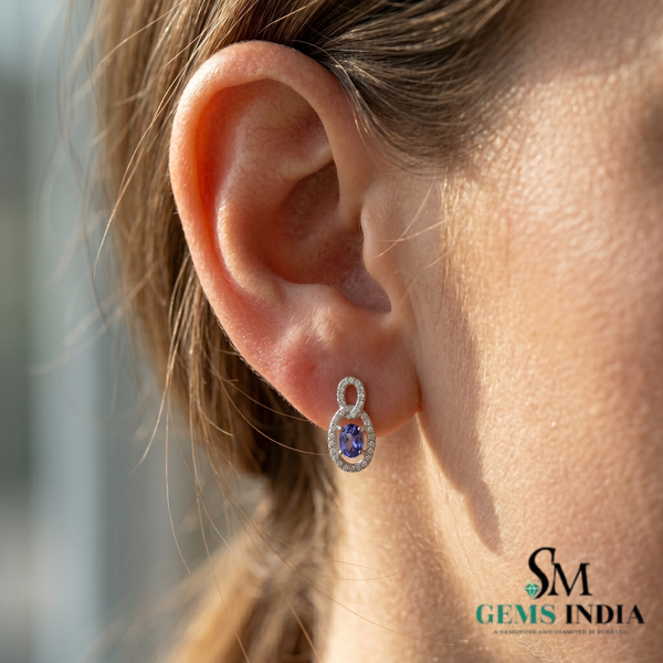 Oval Tanzanite Diamond Halo Stud Earrings – Elegant Earrings for Women
