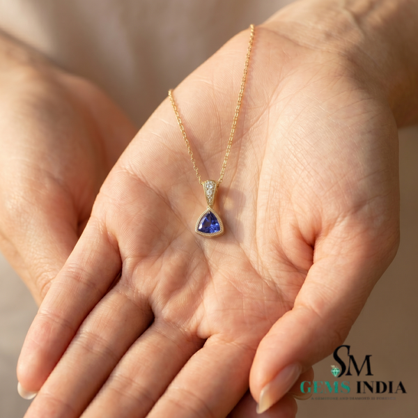 Natural Trillion Tanzanite and Diamond Pendant – Luxury Gemstone Gold Pendant