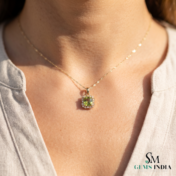 Natural Peridot and Diamond Cushion Cut Pendant - Gift for Her