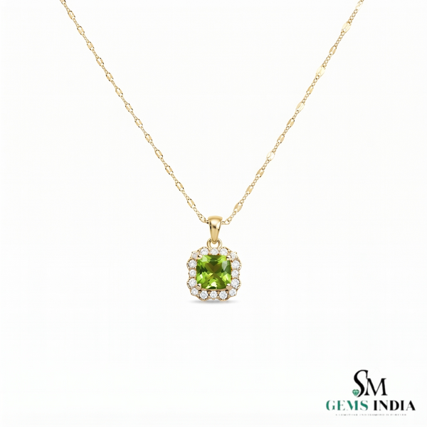 Natural Peridot and Diamond Cushion Cut Pendant - Gift for Her