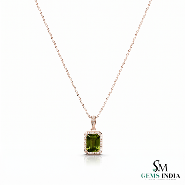 Natural Peridot Emerald Cut Pendant Diamond Accent Jewelry Gift For Her