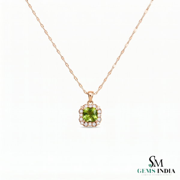 Natural Peridot and Diamond Cushion Cut Pendant - Gift for Her