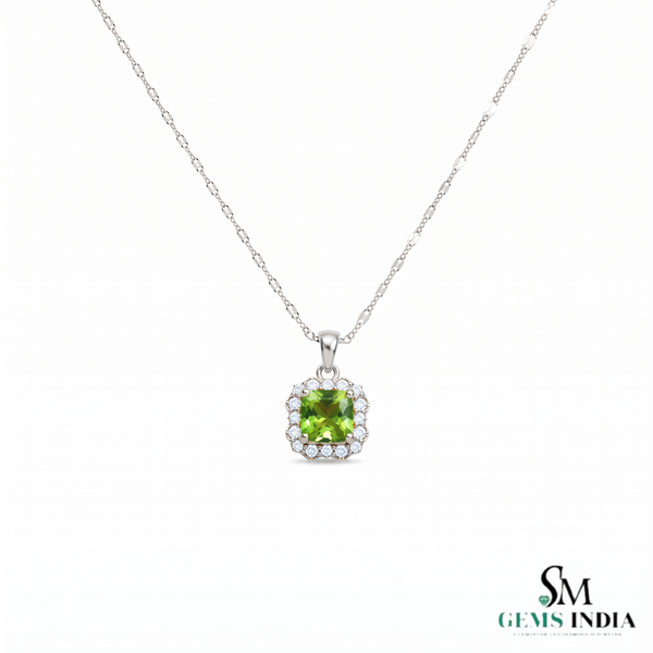 Natural Peridot and Diamond Cushion Cut Pendant - Gift for Her