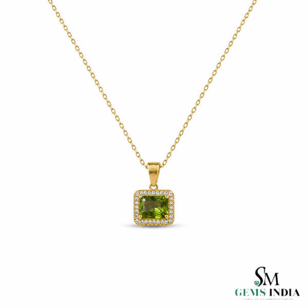Emerald Cut Peridot Halo Pendant With Diamond Accent - August Birthstone Jewelry