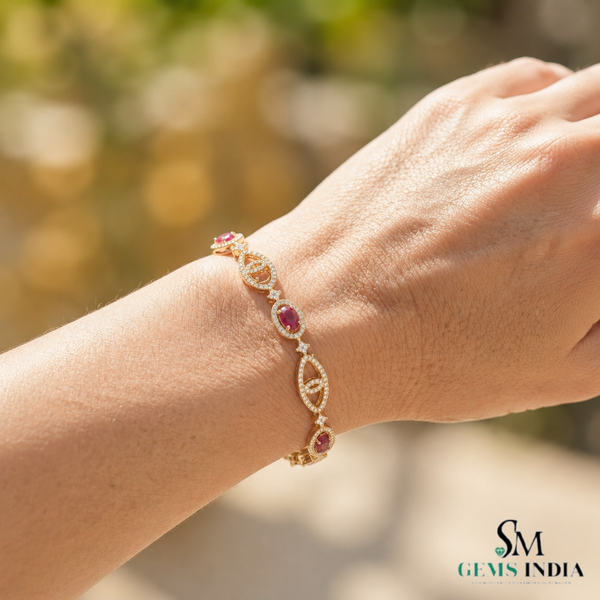Luxury Natural Oval Ruby & Diamond Vintage Link Bracelet - Elegant Fine Jewelry