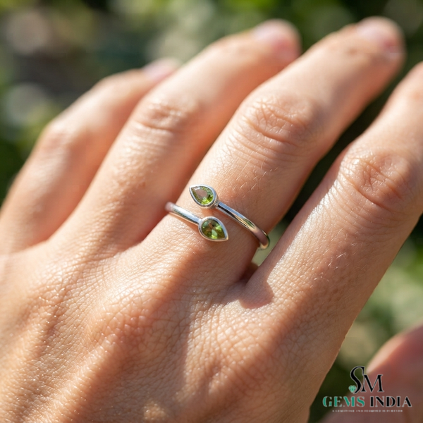 Pear Cut Peridot Open Wrap Ring - Elegant Statement Ring