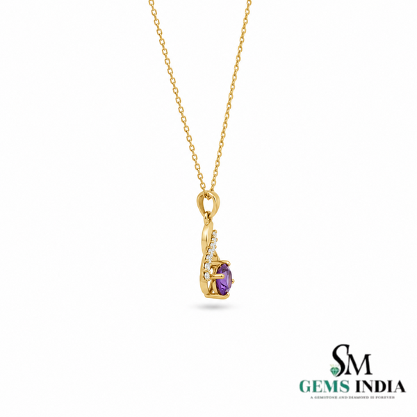 Round Amethyst Pendant Diamond Accent Purple Gemstone - Gift for Her