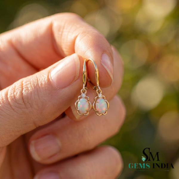 Oval Natural Opal Flower Drop Earrings with Diamond Accents - October Birthstone Jewelry