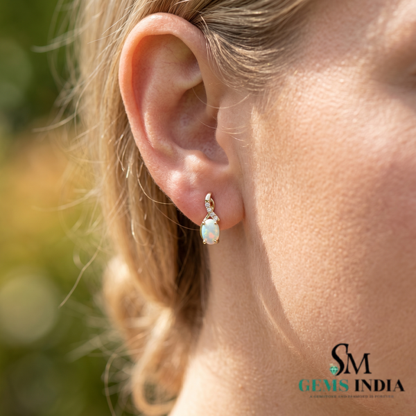 Oval Natural Fire Opal with Diamonds Stud Earrings - Gift for Her