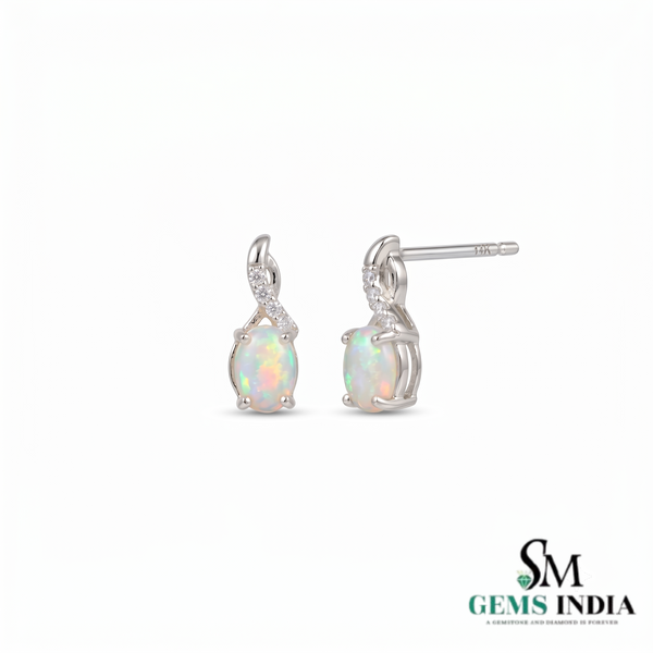 Oval Natural Fire Opal with Diamonds Stud Earrings - Gift for Her
