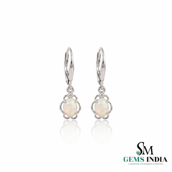 Oval Natural Opal Flower Drop Earrings with Diamond Accents - October Birthstone Jewelry