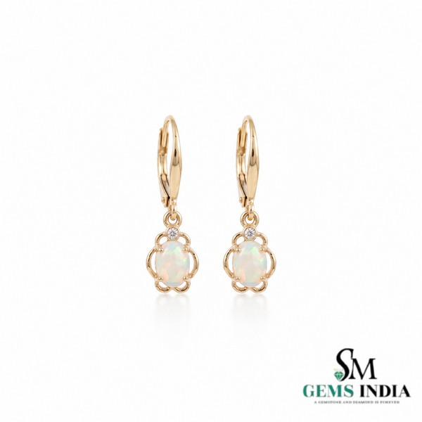 Oval Natural Opal Flower Drop Earrings with Diamond Accents - October Birthstone Jewelry