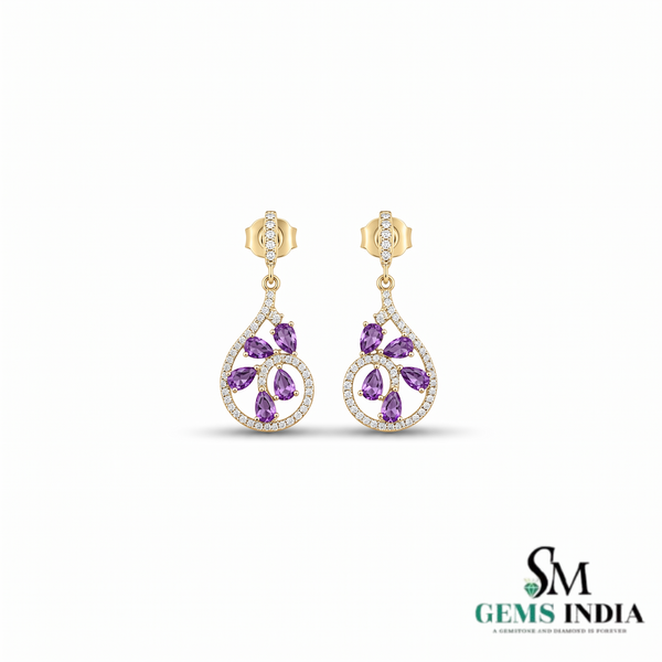 Pear Amethyst and Diamond Dangle Earrings - Gift for Women