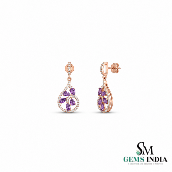 Pear Amethyst and Diamond Dangle Earrings - Gift for Women