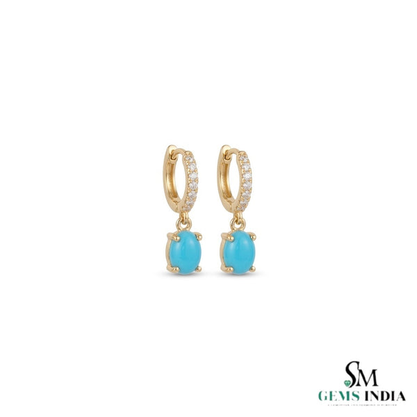 Turquoise Oval Cabochon Drop Earrings With Diamond Accents - Elegant Gift For Her
