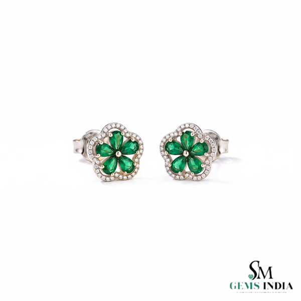 Pear Cut Emerald Flower Stud Earrings with Diamond Halo - Fine Jewelry