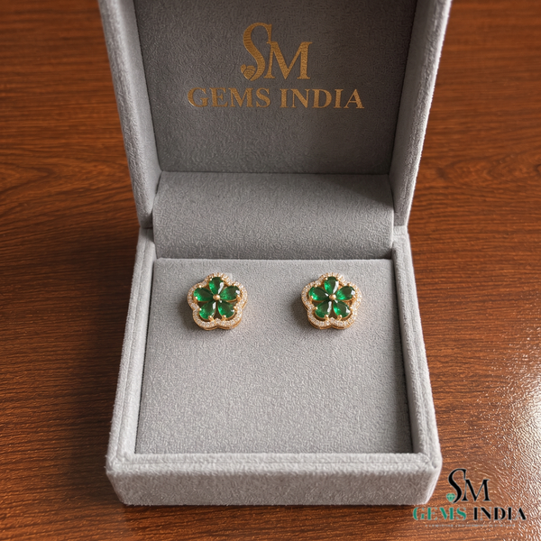 Pear Cut Emerald Flower Stud Earrings with Diamond Halo - Fine Jewelry