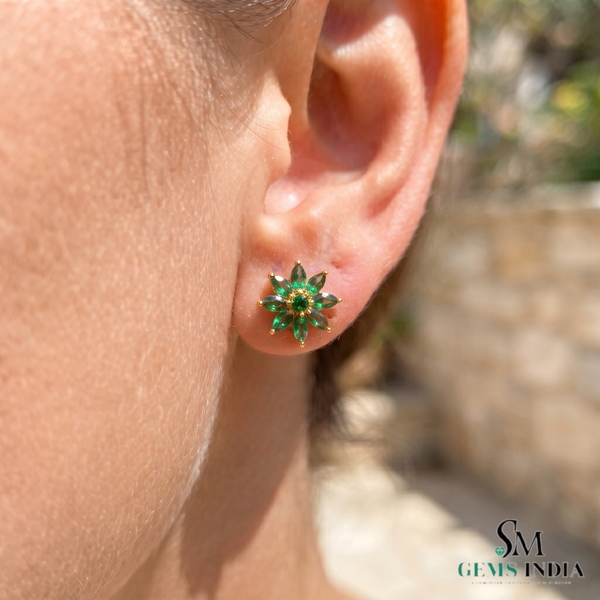 Marquise Cut Emerald Floral Stud Earrings - Earrings for Women
