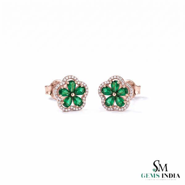 Pear Cut Emerald Flower Stud Earrings with Diamond Halo - Fine Jewelry