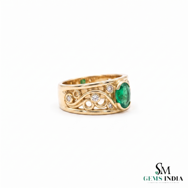 Doppelter Smaragd-Ring in offenem Design aus 14 Karat Gold – Band mit quadratisch und rund geschliffenen grünen Edelsteinen