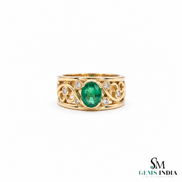 Doppelter Smaragd-Ring in offenem Design aus 14 Karat Gold – Band mit quadratisch und rund geschliffenen grünen Edelsteinen