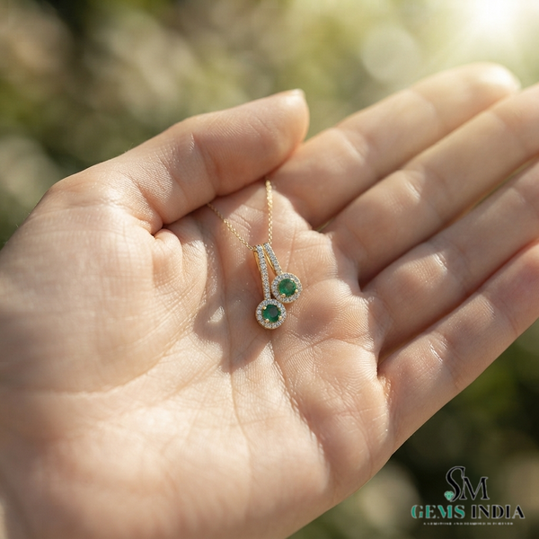 Natural Emerald & Diamond Double Circle Drop Pendant- Emerald jewelry for women