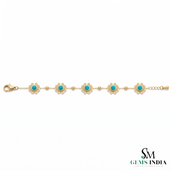 Turquoise Floral Bracelet With Five Stones and Sunburst – Elegant Jewelry Gift For Her