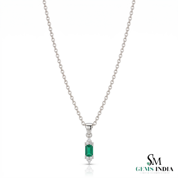 Natural Baguette Cut Emerald & Diamond Pendant - Anniversary Gift For Her