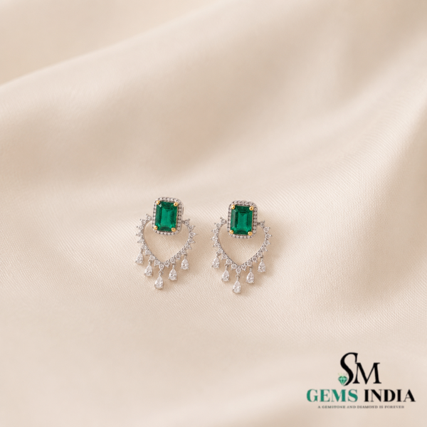 Emerald Cut Emerald Green Heart Drop Earrings with Diamond Accents