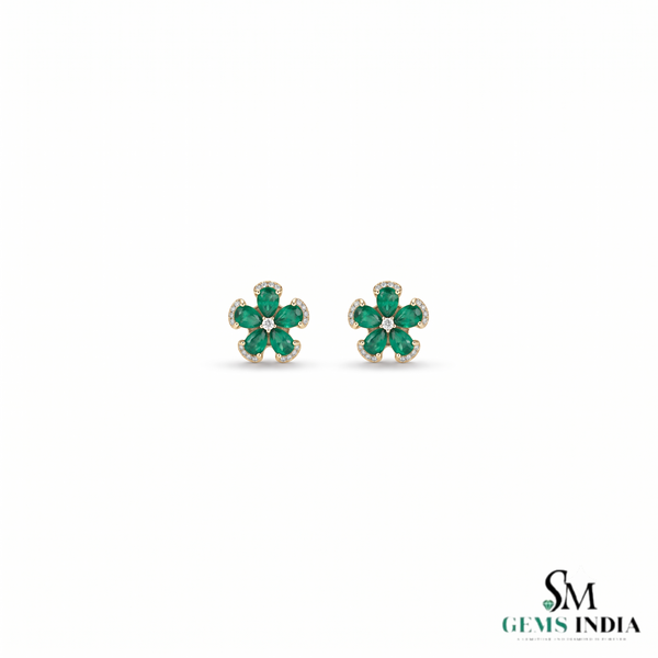 Pear Cut Emerald Flower Drop Earrings with Diamond Accents - Gift For Her