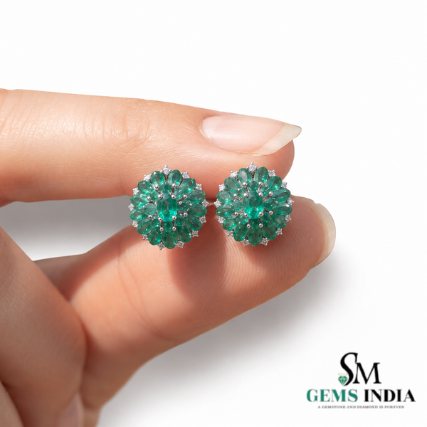 Oval Cut Emerald Green Bloom Stud Earrings with Diamond Accents