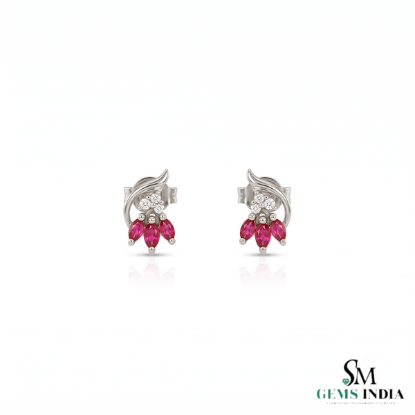 Marquise Ruby Floral Stud Earrings with Diamond Accents - Women's Ruby Earrings