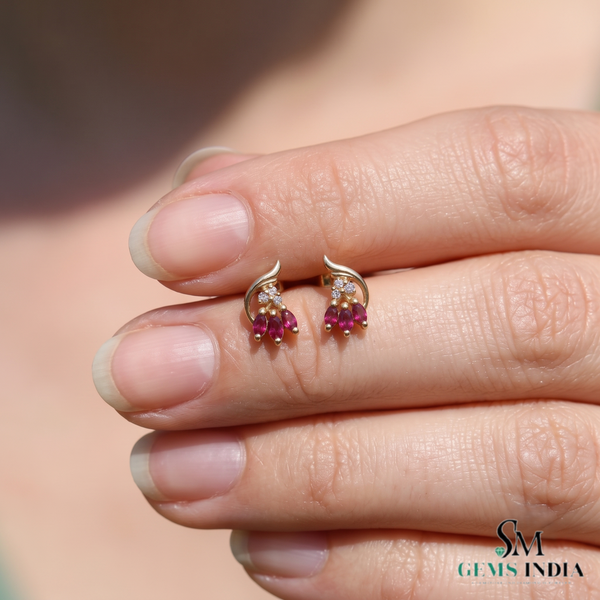 Marquise Ruby Floral Stud Earrings with Diamond Accents - Women's Ruby Earrings