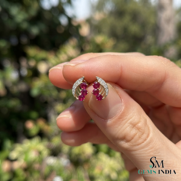 Natural Ruby Leaf Stud Earrings Diamond Accent Fine Jewelry - Anniversary Gift For Her