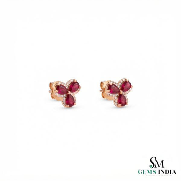 Pear Cut Ruby with Diamond Accent Butterfly Stud Earrings - July Birthstone Jewelry