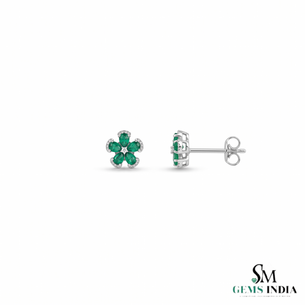 Pear Cut Emerald Flower Drop Earrings with Diamond Accents - Gift For Her