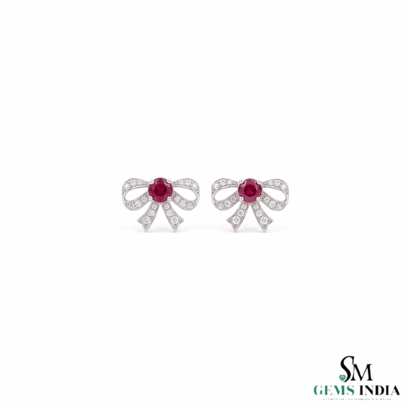 Round Ruby Bow Stud Earrings with Diamond Accents - Fine Jewelry for Women